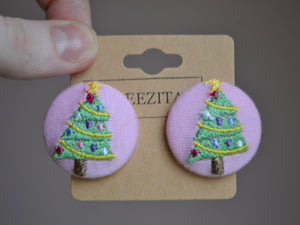 Pink Christmas Tree Button Earrings