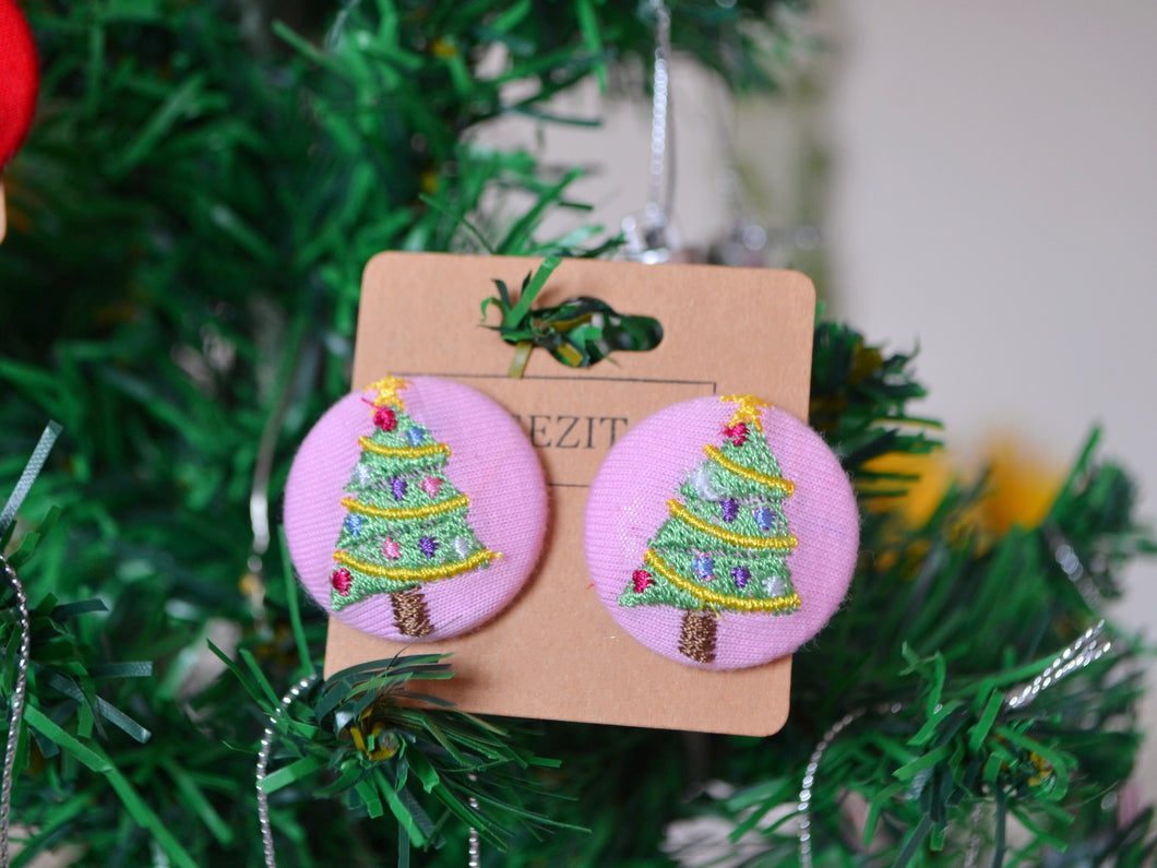 Pink Christmas Tree Button Earrings