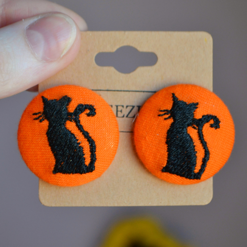 Black Cat Button Earrings - Orange