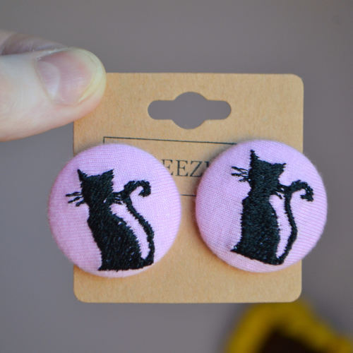 Black Cat Button Earrings - Pink