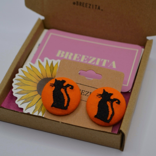 Black Cat Button Earrings - Orange