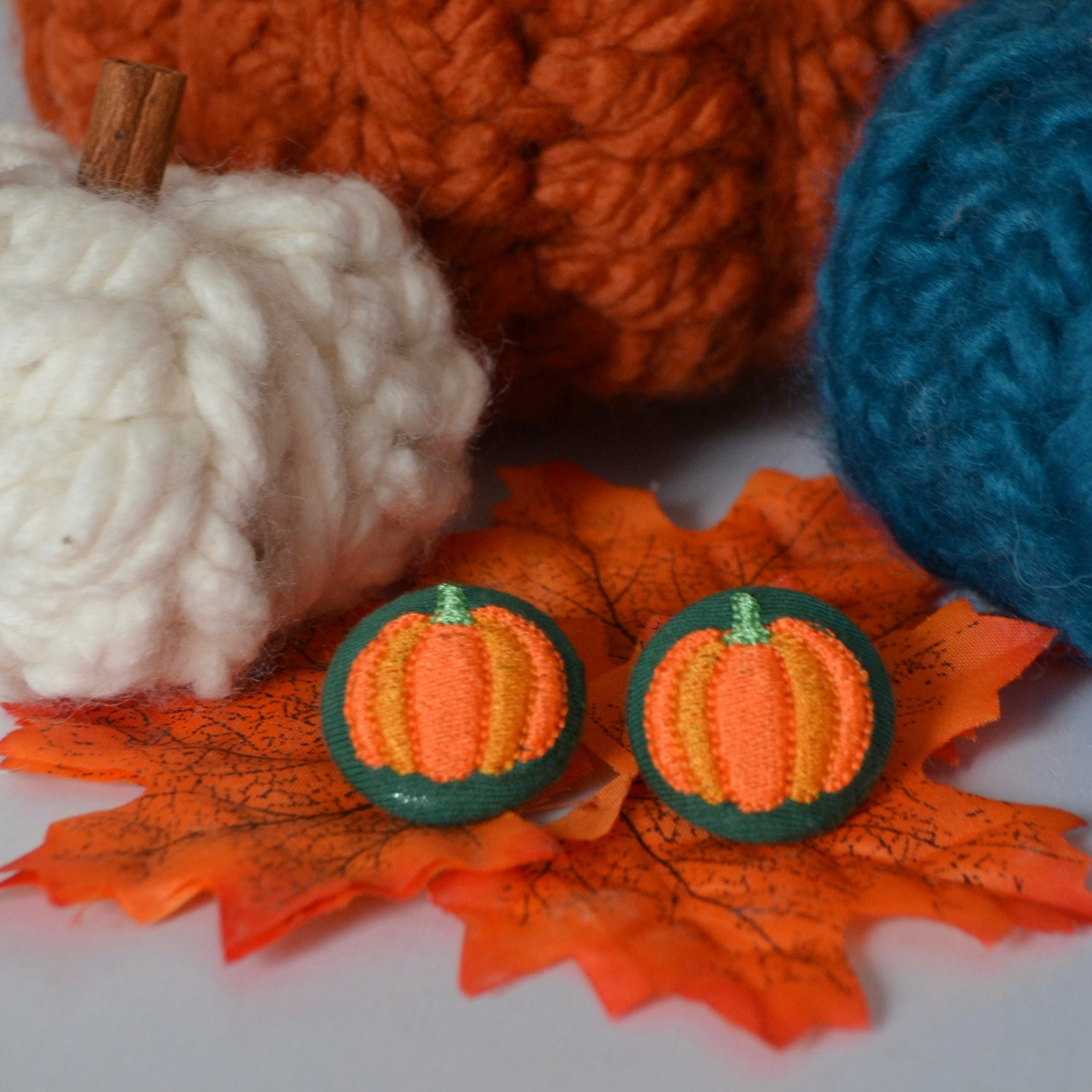 Ready-Made Pumpkin on Green Button Stud Earrings