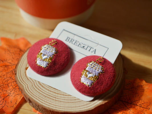 Coffee Cup Button Earrings - Maroon