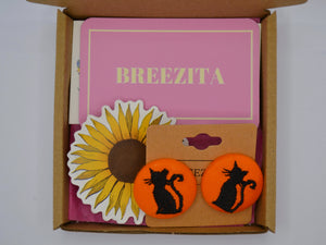 Black Cat Button Earrings - Orange