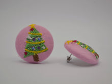 Load image into Gallery viewer, Pink Christmas Tree Button Earrings