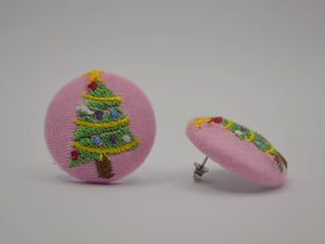 Pink Christmas Tree Button Earrings