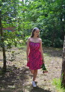 Pink Zesty Zebra Flared Dress - Strappy Pink Zebra Print Dress With Black Lace Trim