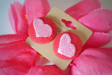 Load image into Gallery viewer, Pink Heart Button Earrings - Sustainable Heart Embroidered Stud Earrings