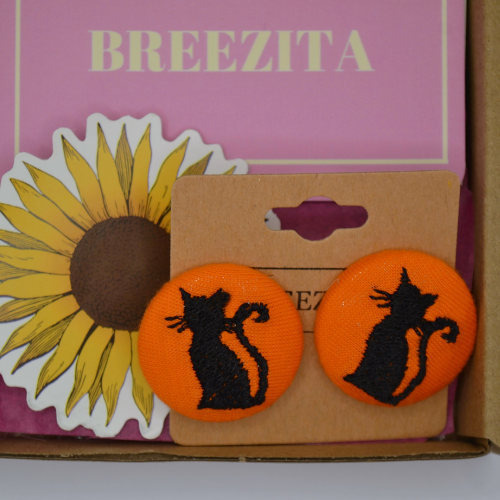 Black Cat Button Earrings - Orange