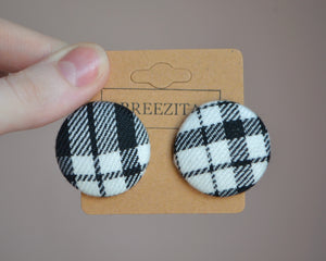 Black And White Tartan Button Earrings