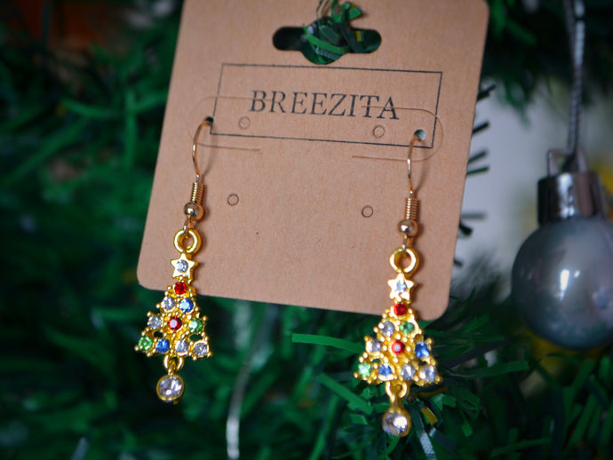 Gold Christmas Tree Hook Earrings - Christmas