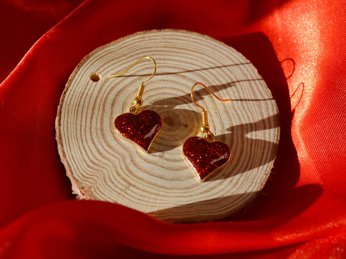 Red Sparkly Heart Hook Earrings - Valentines