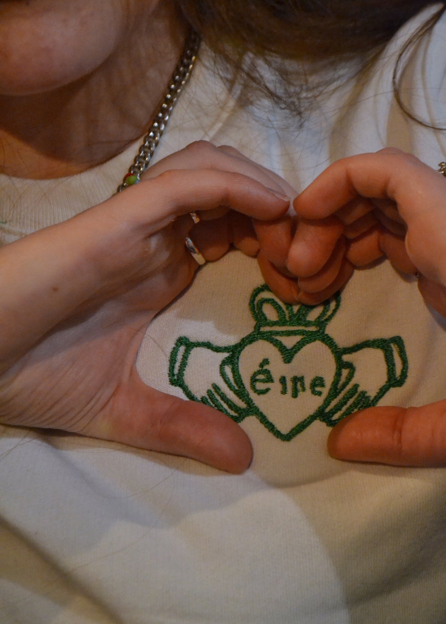 White Claddagh Sweatshirt – Green Embroidery