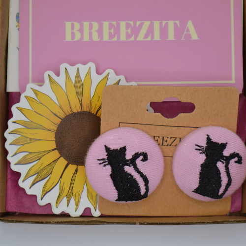 Black Cat Button Earrings - Pink
