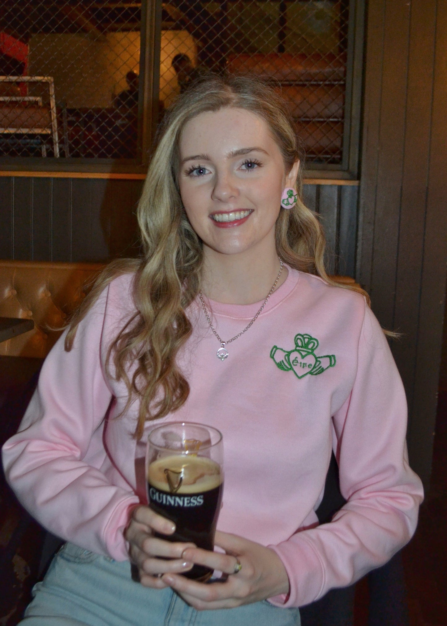 Pink Claddagh Sweatshirt – Green Embroidery