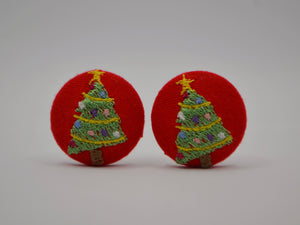 Red Christmas Tree Button Earrings