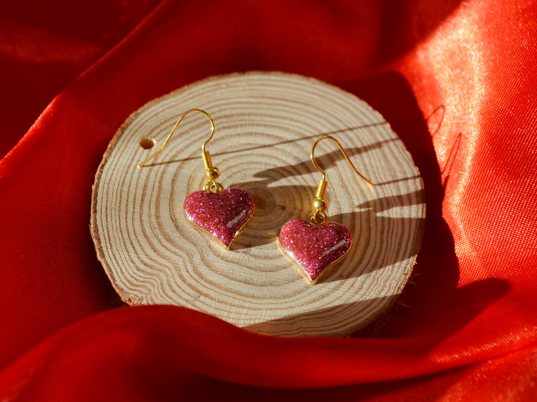 Pink Sparkly Heart Hook Earrings - Valentines