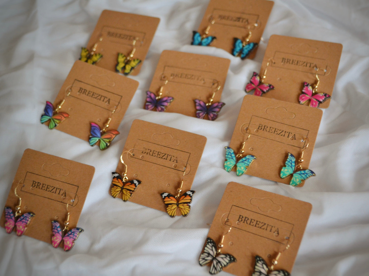 Black/White Butterfly Charm Hook Earrings: Gold-Coloured Hypoallergenic Hooks - 9 Vibrant Colours