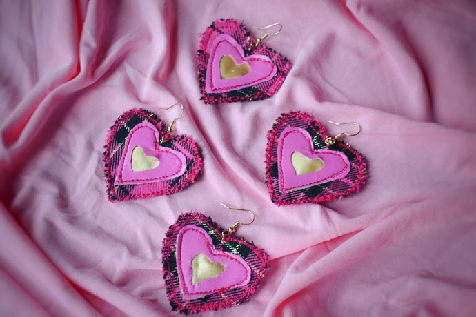 Pink Fabric Heart Hook Earrings: Vintage-Inspired Sustainable Retro Glamour with Tartan Accents