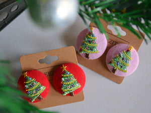 Red Christmas Tree Button Earrings