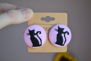 Black Cat Button Earrings - Pink