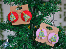 Load image into Gallery viewer, Pink Christmas Tree Button Earrings