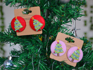 Red Christmas Tree Button Earrings