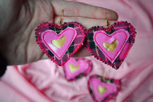 Load image into Gallery viewer, Pink Fabric Heart Hook Earrings: Vintage-Inspired Sustainable Retro Glamour with Tartan Accents