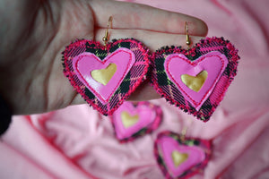 Pink Fabric Heart Hook Earrings: Vintage-Inspired Sustainable Retro Glamour with Tartan Accents