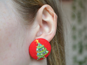 Red Christmas Tree Button Earrings