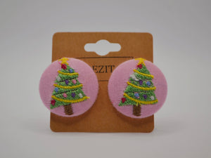 Pink Christmas Tree Button Earrings