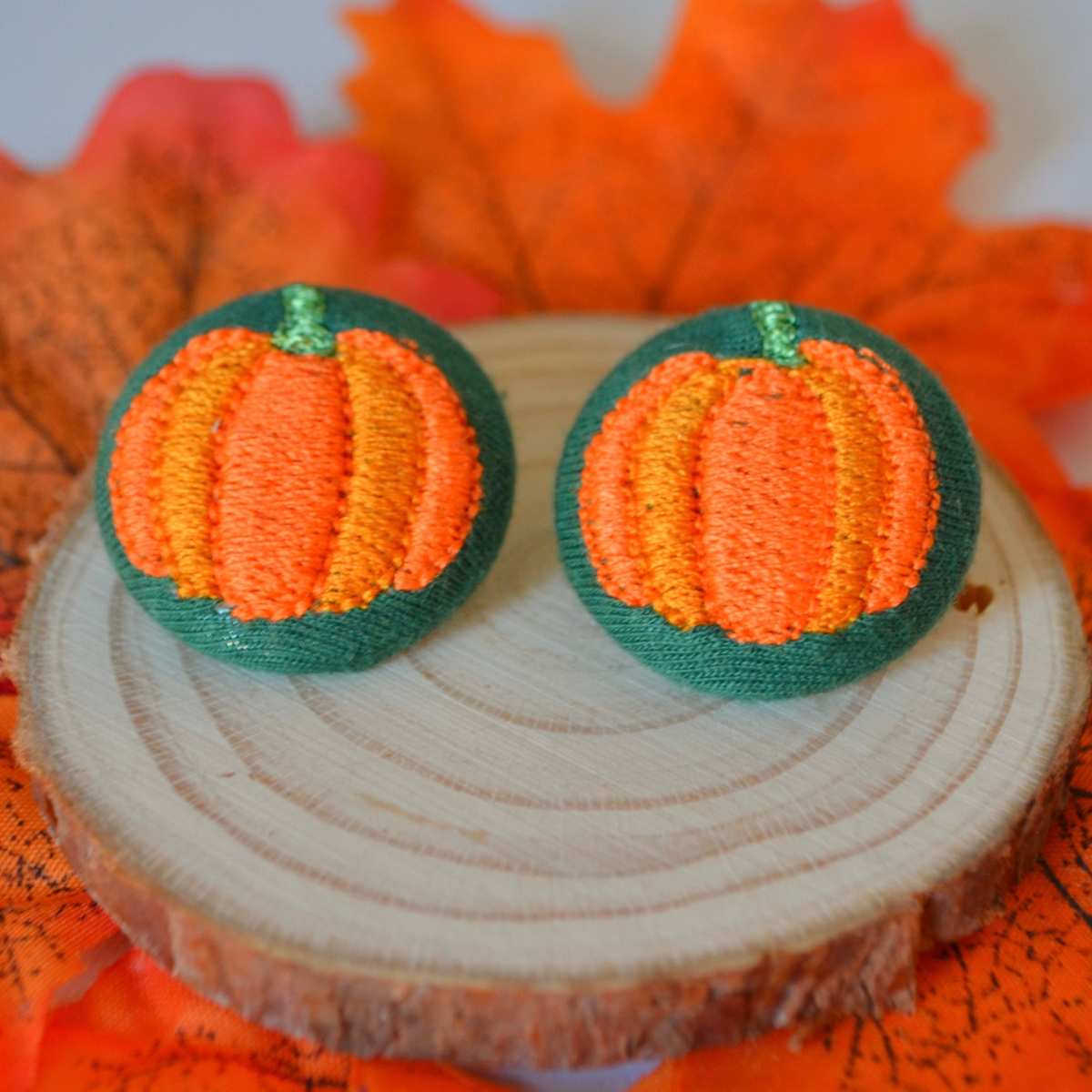 Ready-Made Pumpkin on Green Button Stud Earrings