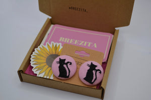 Black Cat Button Earrings - Pink