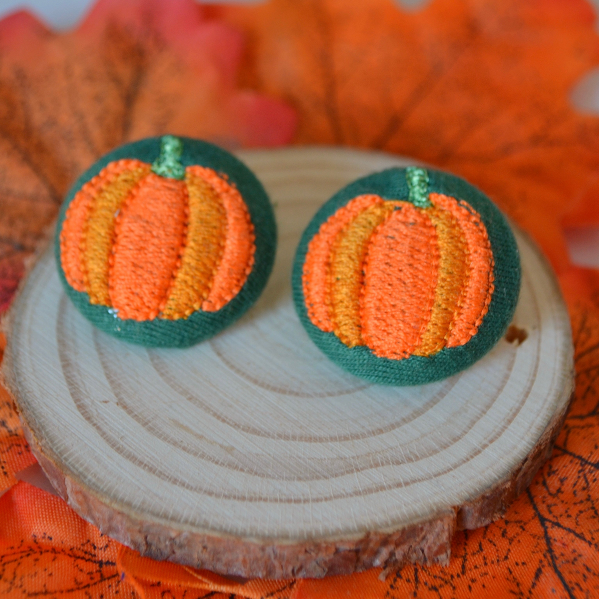 Ready-Made Pumpkin on Green Button Stud Earrings
