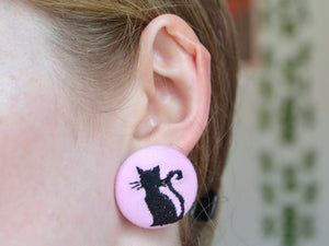 Black Cat Button Earrings - Pink