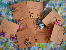 Load image into Gallery viewer, Blue Butterfly Charm Hook Earrings: Gold-Coloured Hypoallergenic Hooks - 9 Vibrant Colours