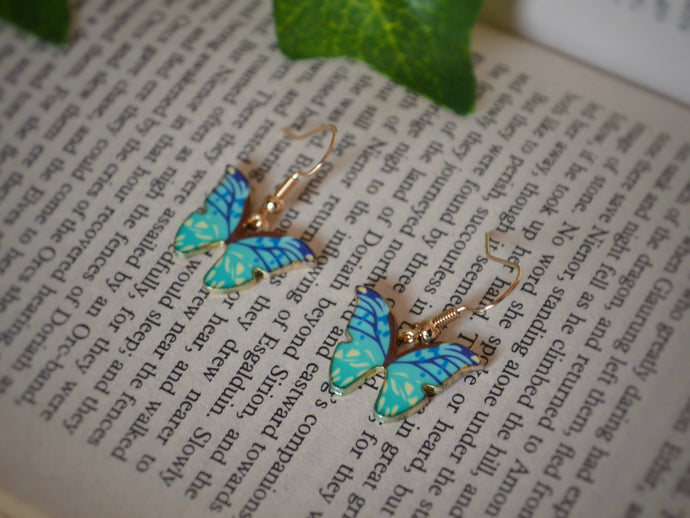 Blue/Green Butterfly Charm Hook Earrings: Gold-Coloured Hypoallergenic Hooks - 9 Vibrant Colours