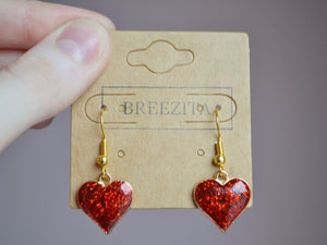 Red Sparkly Heart Hook Earrings - Valentines