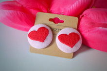 Load image into Gallery viewer, Pink Heart Button Earrings - Sustainable Heart Embroidered Stud Earrings