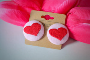 Pink Heart Button Earrings - Sustainable Heart Embroidered Stud Earrings