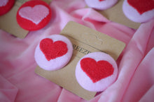 Load image into Gallery viewer, Pink Heart Button Earrings - Sustainable Heart Embroidered Stud Earrings