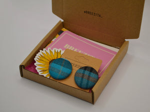 Blue Tartan Button Earrings