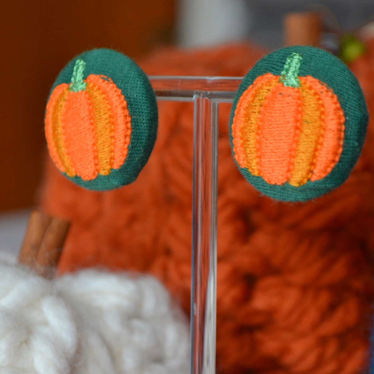 Ready-Made Pumpkin on Green Button Stud Earrings