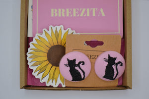 Black Cat Button Earrings - Pink