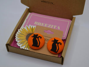 Black Cat Button Earrings - Orange