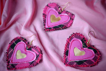 Load image into Gallery viewer, Pink Fabric Heart Hook Earrings: Vintage-Inspired Sustainable Retro Glamour with Tartan Accents