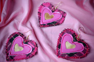 Pink Fabric Heart Hook Earrings: Vintage-Inspired Sustainable Retro Glamour with Tartan Accents