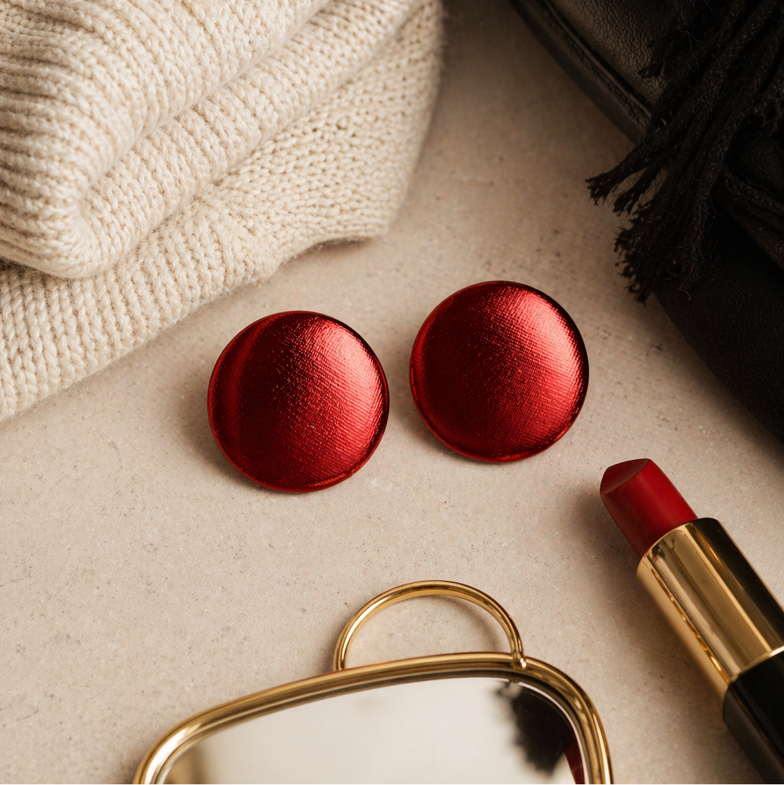 Red Foil Button Earrings - Stud or Clip Ons