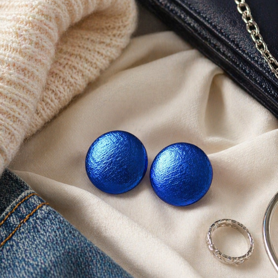 Royal Blue Foil Button Earrings - Clip-ons