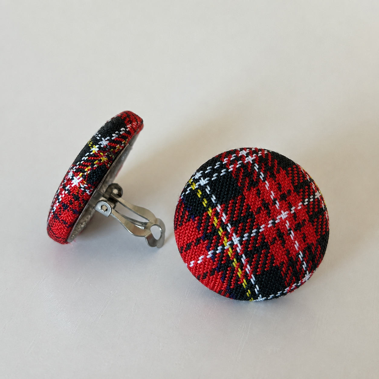 Red Tartan Button Earrings